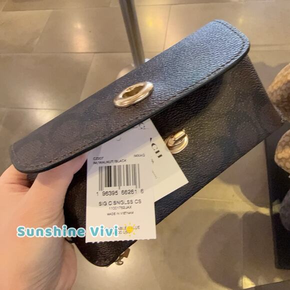 NWT Coach Sunglass Case CZ207 Signature Canvas & Smooth Leather WALNUT/BLACK - Picture 5 of 5